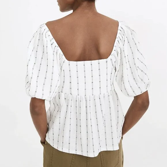 MADEWELL WHITE KNIT-RIGHT-IN DOT PATTERN PUFF-SLEEVE TEXTURED EMPIRE TOP - Picture 2 of 5